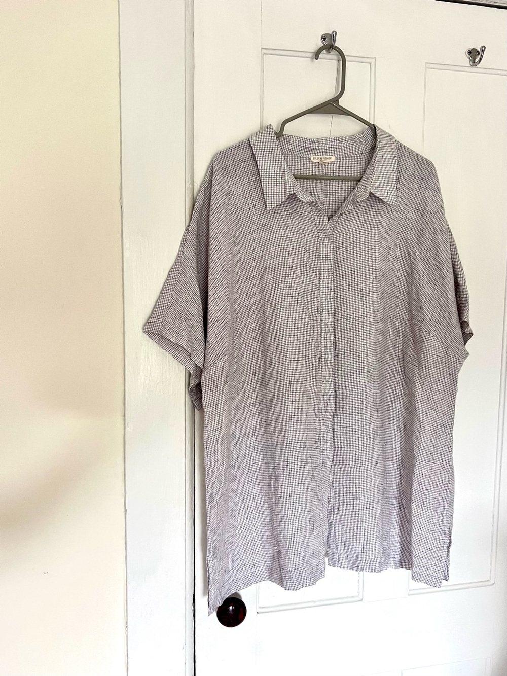Eileen Fisher 100% organic linen oversized button down in windowpane check NWOT
